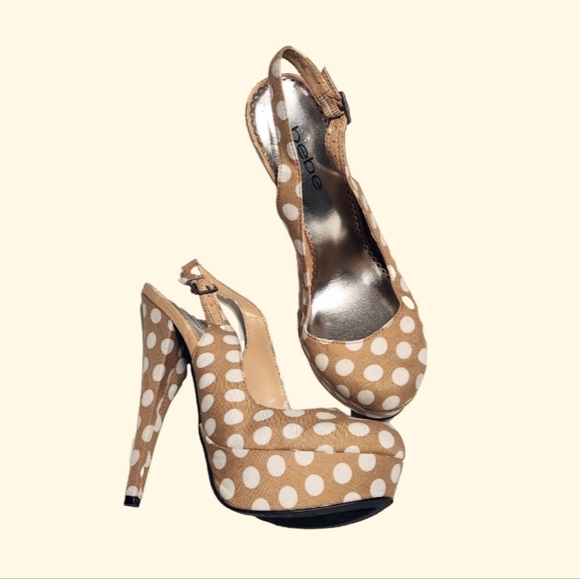 bebe Shoes - Bebe Kenley Polka Dot Platform Slingback Stiletto Heel Pump Beige/White 7.5 M